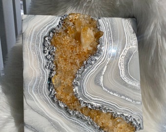 Citrine Crystal Geode Painting / Silver & White Epoxy Resin Art / 3D Agate Luxury Wall Decor / 12 x 12”