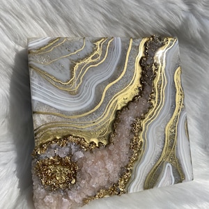 Rose Quartz Crystal Geode Resin Painting: Gold & White Metallic Wall Art