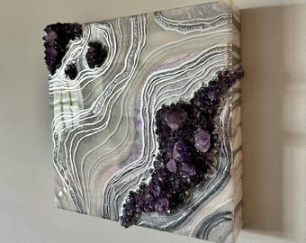 Amethyst Geode Wall Art - Metallic Epoxy Resin Painting - 12”x 12”