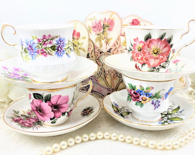Bridal Shower Tea Party Set Vintage Wedding Tea Cup Collection Set of 4 Vintage Mismatched Teacups and Saucers