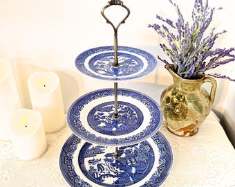 Vintage Blue and White China 3 Tiered Cake Stand: Myott Old Willow, Johnson Brothers, Cupcake Stand, Tea Party, Shower, Wedding