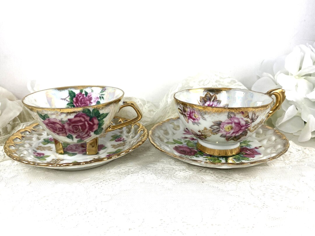 Mismatched Teacups and Saucers Set of 2 Iridescent Cups Etsy