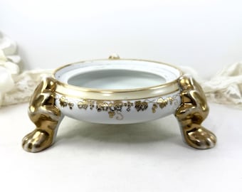 Antique Nippon Porcelain Pedestal Base Stand: Hand Painted Gold Gilt Grape Vines, Gold Washed Paw Feet