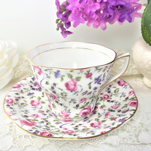 Rosina Bone China Roses and Violets Chintz Teacup and Saucer, Made in England, Rosina Rose Chintz English Teacup and Saucer
