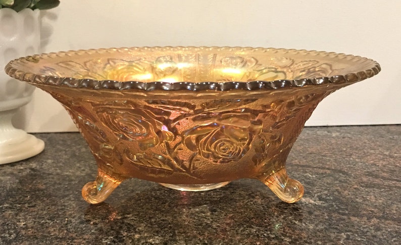 Marigold Lustre Rose Vintage Imperial Glass Bowl Summer Gold Fruit Bowl Rubigold