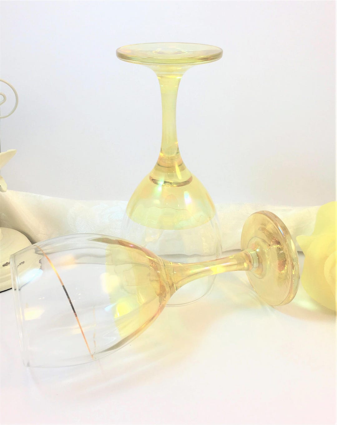 Vintage Yellow Stemware, Gold Trim Wine Glasses, Water Glasses, Set of