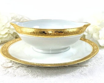 Raynaud Ambassador Gold Sauce Boat Attached Underplate Limoges Gold Encrusted French Renaissance Ambassador Gold by Céralene