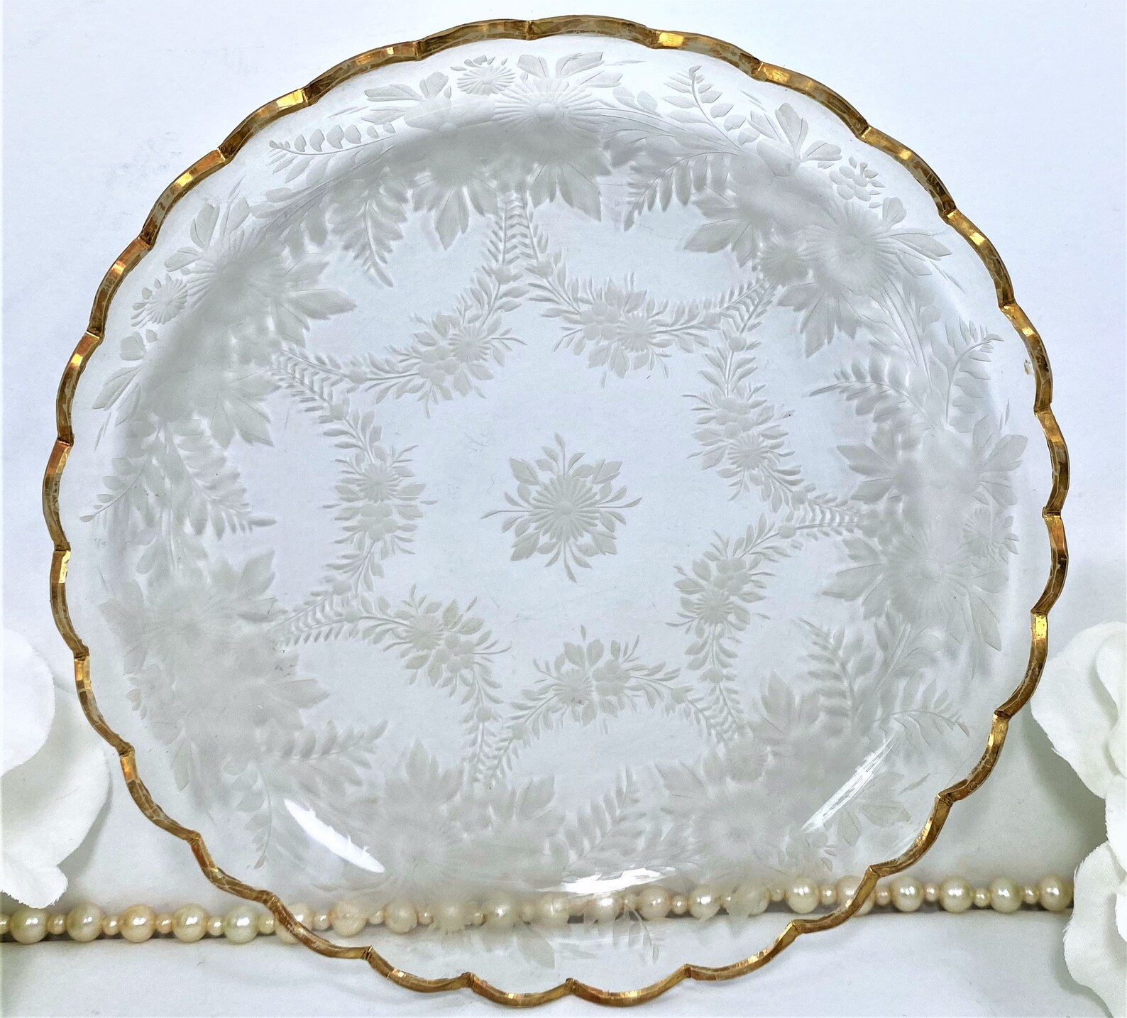 Etched Glass Dishes / Set of 2 Flower Etched Gold Rim Dishes Etsy