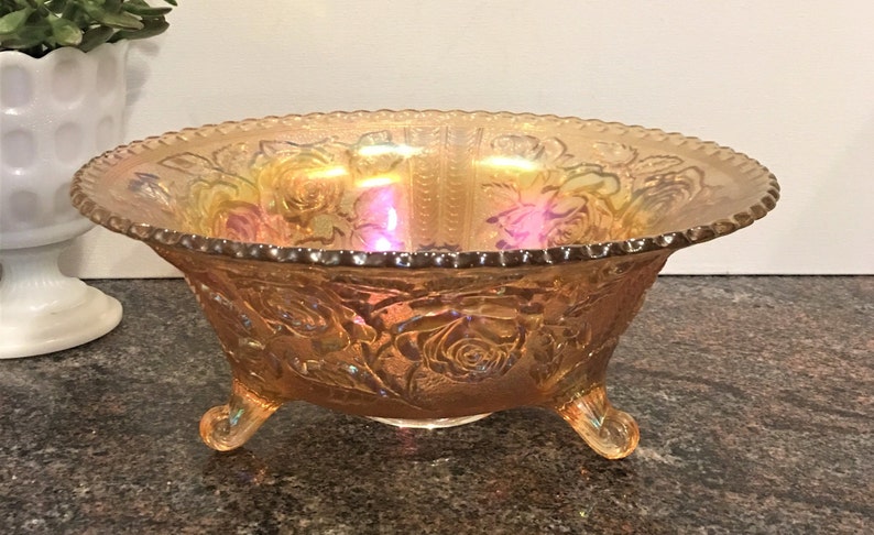 Marigold Lustre Rose Vintage Imperial Glass Bowl Summer Gold Fruit Bowl Rubigold