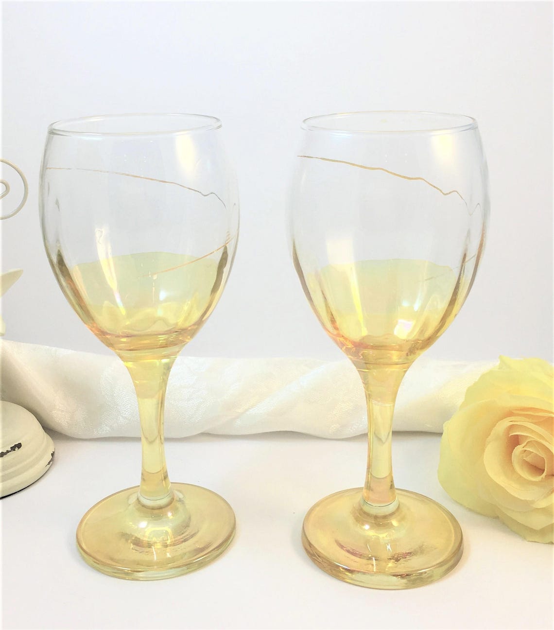 Vintage Yellow Stemware Gold Trim Wine Glasses Water Etsy