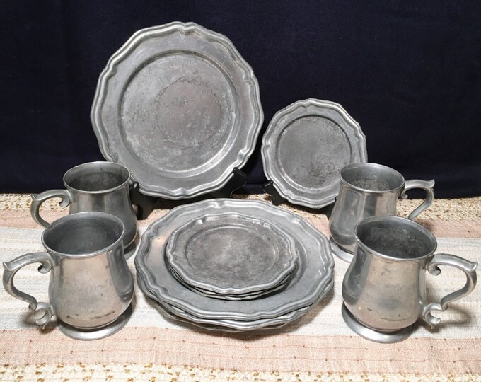 Vintage Crown Castle Pewter Plates, Mugs/tankards, Four 3 Piece Place ...