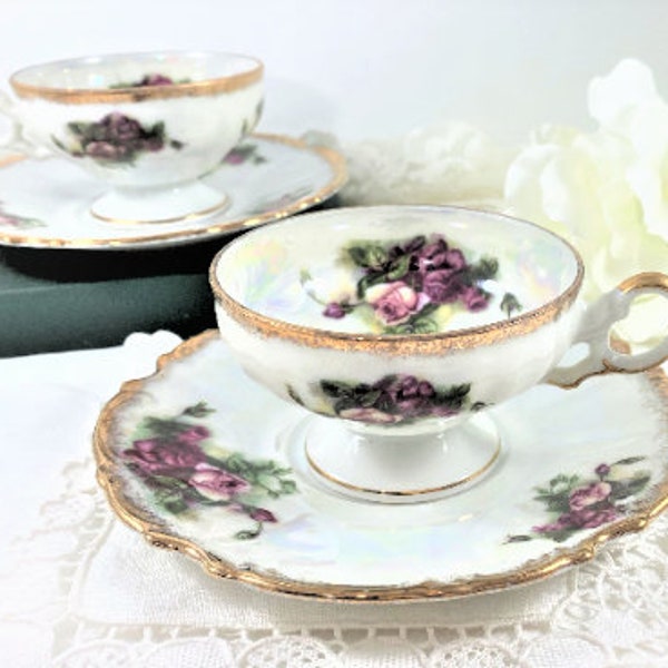 Roses Demitasse Cup and Saucer, Iridescent Gold Gilt Lusterware Teacups - Gifts for Her - Garden Tea Party - Princess Tea Party