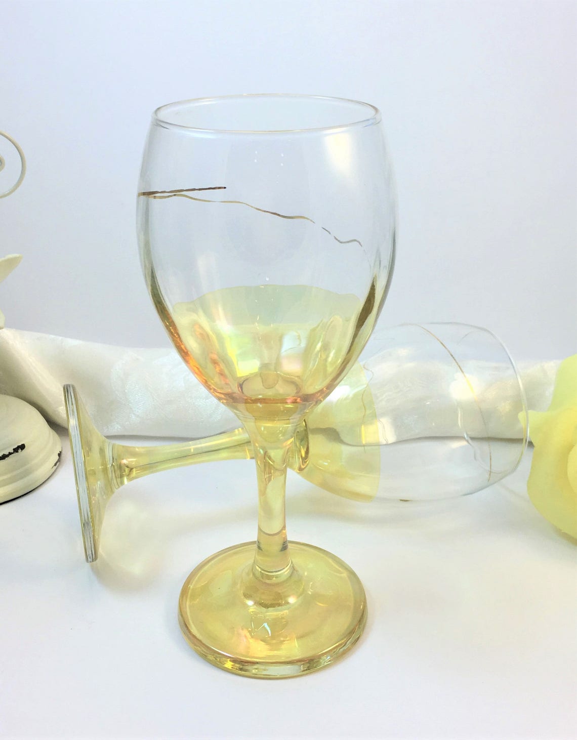 Vintage Yellow Stemware Gold Trim Wine Glasses Water Etsy