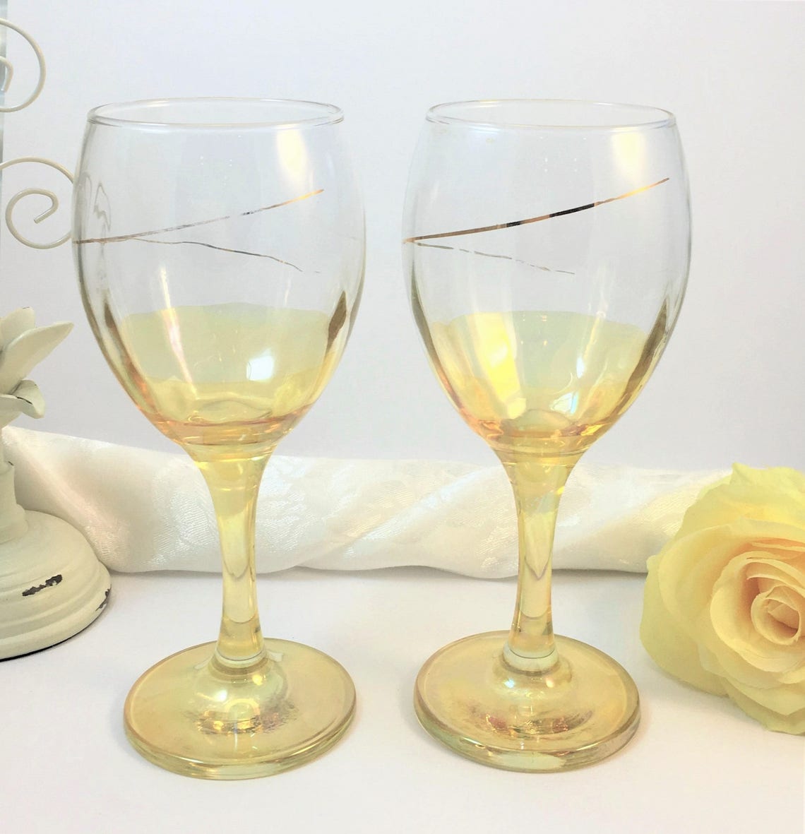 Vintage Yellow Stemware Gold Trim Wine Glasses Water Etsy
