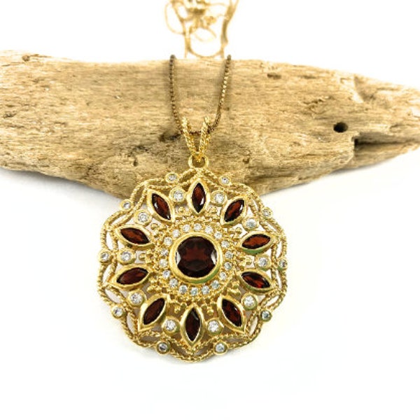 Ruby and Faux Diamond Pendant Necklace, UTC 925 Italy Hallmark, Gifts for Her