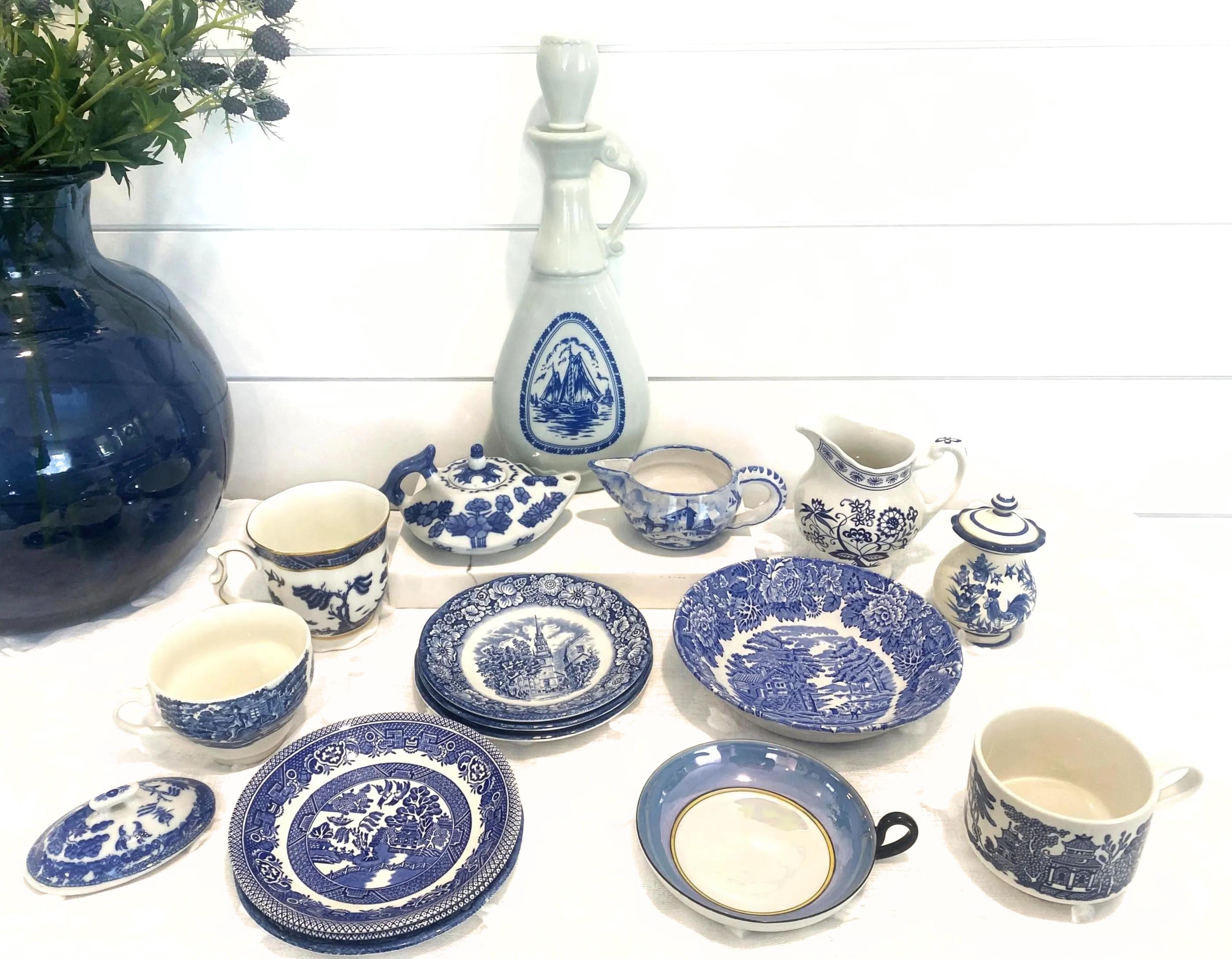 Blue and White Plates Teacups Creamers Tea for One Teapot Saucers Decanter Bowl Blue White Kitchen Blue Transferware