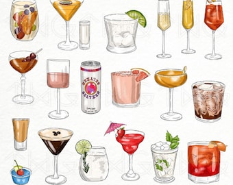 Bar Cocktail Drinks Illustration Clip Art Watercolor Clipart Icons Wine Liquor Seltzer Cocktails Bundle Hand Drawn Planner Sticker Graphics