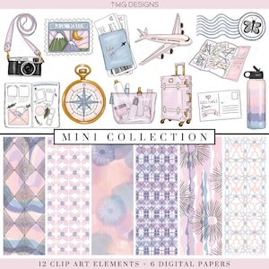 Travel Clip Art & Digital Paper Collection Bundle Watercolor Wanderlust Explore Pastel Clipart Hand Drawn Planner Sticker Graphics Icons