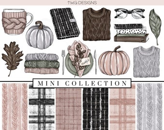 Autumn Fashion Clip Art & Digital Paper Collection Hand Drawn Illustrations Autumn Books Cozy Knit Print Clipart Graphics Backgrounds Bundle