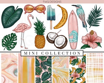Tropical Clip Art & Digital Paper Collection Bundle Watercolor Foliage Flamingo Summer Fun Clipart Hand Drawn Planner Sticker Graphics Icons