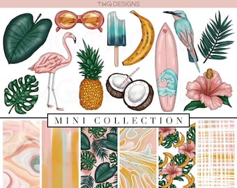 Tropical Clip Art & Digital Paper Collection Bundle Watercolor Foliage Flamingo Summer Fun Clipart Hand Drawn Planner Sticker Graphics Icons