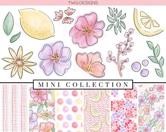 Flowers Lemons Clip Art & Digital Paper Collection Bundle Watercolor Floral Spring Summer Clipart Hand Drawn Planner Sticker Graphics Icons