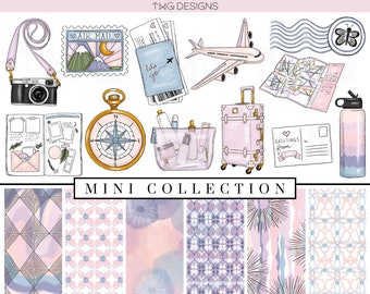 Travel Clip Art & Digital Paper Collection Bundle Watercolor Wanderlust Explore Pastel Clipart Hand Drawn Planner Sticker Graphics Icons