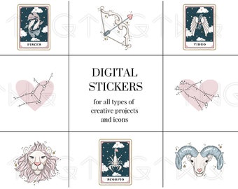 May include: Set of nine digital stickers featuring zodiac signs in a vintage style. The stickers include Pisces, Sagittarius, Virgo, Scorpio, and Aries. The stickers are in a light blue, pink, and gold color scheme.