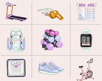 Iconos de acuarela para agenda de fitness: imágenes prediseñadas dibujadas a mano (descarga digital)
