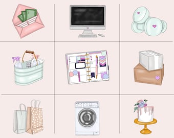 May include: Nine digital illustrations of various items, including a computer, a planner, a washing machine, a cake, a shopping bag, a cleaning caddy, a box, an envelope with money, and a stack of bath bombs. The illustrations are in a cartoon style and are set against a light pink background.