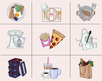 Iconos de acuarela para planificador de comidas: imágenes prediseñadas dibujadas a mano (descarga digital)
