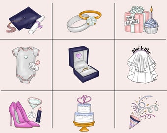 Iconos del planificador de celebraciones: Imágenes prediseñadas de acuarela (descarga digital)