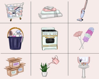 Iconos de limpieza en acuarela: Clipart de planificador dibujado a mano (Descarga digital)