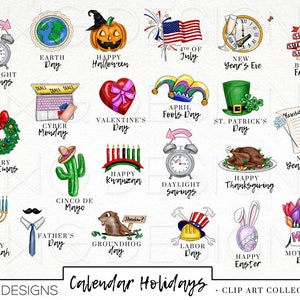Calendar Holiday Icons Clip Art Clipart Watercolor Hand Drawn PNGS downloads - Limited Commercial Use - Planner Sticker Graphics Holidays