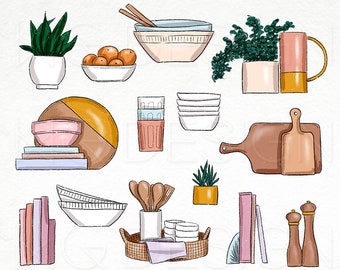 Kitchen Elements Fashion Illustration Clip Art Watercolor Clipart Icons Home Decor Food Table Items Bundle Planner Sticker Graphics Doodles