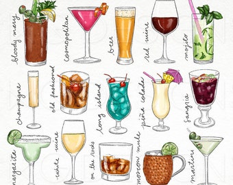 Cocktail Drinks Illustration Clip Art Watercolor Clipart Icons Wine Liquor Mojito Cocktails Bundle Hand Drawn Planner Sticker Graphics