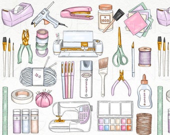 Crafting Elements Fashion Illustration Clip Art Craft Supplies Clipart Icons Education Student School Bundle Hand Drawn PNG Sticker Graphics