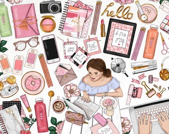 Clipart aquarelle fille de l'agenda : graphiques Flatlay pour bureau (PNG)
