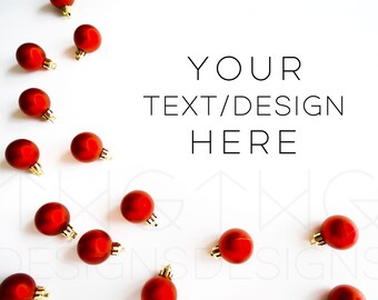 Download Free Christmas Red Ball Ornaments Styled Stock Photography / Product Styling / Web Design Background / Mock-Up Marketing Blog Photo High Res File PSD Template