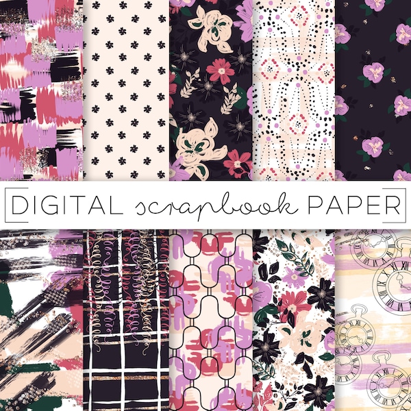 Dark Floral Abstract Digital Scrapbook Paper: Painterly Watercolor (Digital Download)