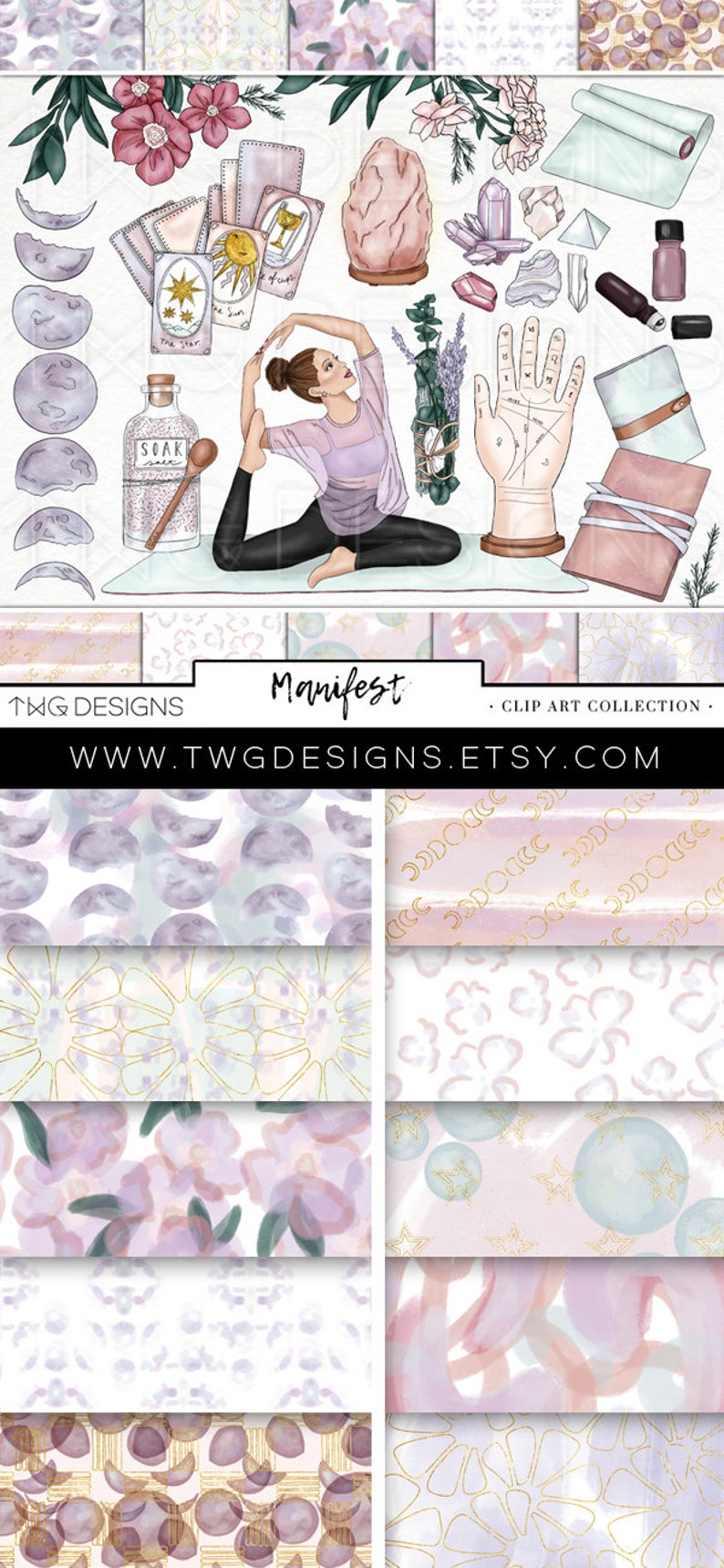 Manifestation Fashion Girl Clip Art Watercolor Clipart Crystals Moon Palmistry Tarot Cards Sage Journal Yoga Hand Drawn Sticker Graphics image 5
