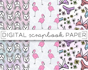 Flamingo Bunny Bikini Digital Scrapbook Paper Pattern Stationary Pink Purple Hand Drawn Doodles Print Background Instant Download Printable