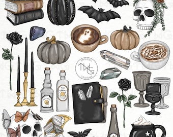 Spooky Chic Halloween Clipart: Skulls, Bats, Pumpkins (Digital Stickers)