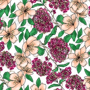 K&ouml;nnte beinhalten: Ein nahtloses Muster mit rosa und pfirsichfarbenen Blumen mit goldenen Glitzerakzenten auf wei&szlig;em Hintergrund. Die Blumen sind schwarz umrandet und haben gr&uuml;ne Bl&auml;tter.