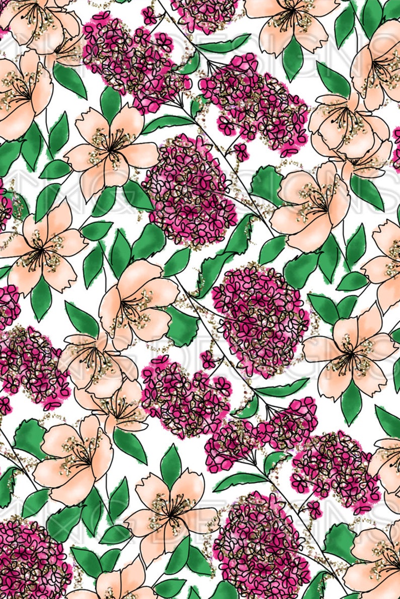 K&ouml;nnte beinhalten: Ein nahtloses Muster mit rosa und pfirsichfarbenen Blumen mit goldenen Glitzerakzenten auf wei&szlig;em Hintergrund. Die Blumen sind schwarz umrandet und haben gr&uuml;ne Bl&auml;tter.