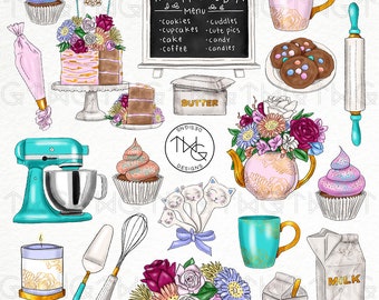 Mothers Day Baking Fashion Girl Clip Art Watercolor Clipart PNG Cake Cupcake Sweets Cookies Kids Flowers Hand Drawn Planner Sticker Graphics