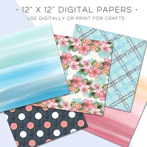 Op de afbeelding: Set van vijf digitale papieren van 30,5 x 30,5 cm met verschillende patronen. De patronen omvatten een aquarel ombre-ontwerp in blauw en roze, een bloemenpatroon met roze bloemen en groene bladeren, een blauw-wit geruit patroon, een zwart-wit stippenpatroon met gouden accenten en een zwart-wit geometrisch patroon met roze accenten.