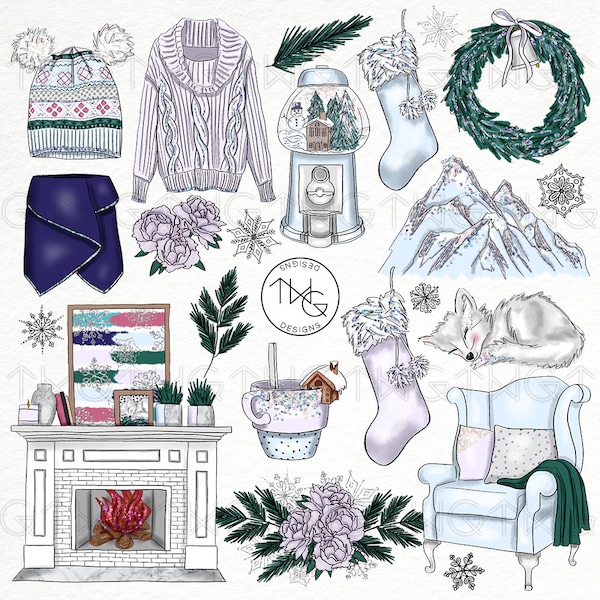 Winter Cozy Clipart: Watercolor Fashion, Fireplace, Fox (PNG)