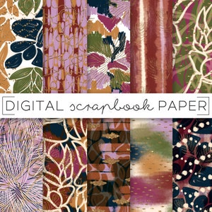 Jewel Tone Abstract Painterly Print Digital Scrapbook Paper Watercolor Fall Leaves Gold Glitter Hand Drawn Brush Stroke Art Paint Background