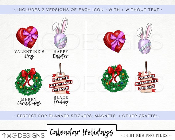 Calendar Holiday Icons Clip Art Clipart Watercolor Hand Drawn PNGS  Downloads Limited Commercial Use Planner Sticker Graphics Holidays - Etsy
